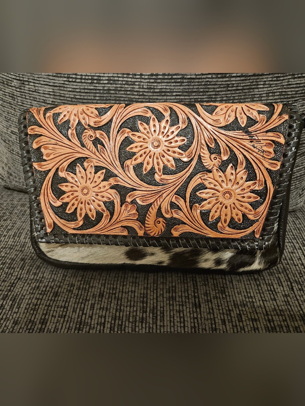 Hand-Tooled Floral Leather Clutch in Tan and Black